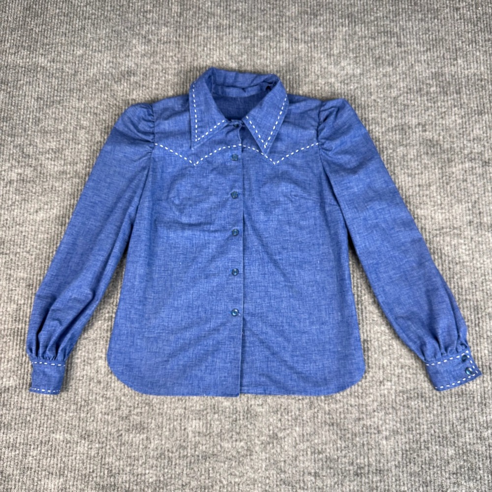 Handmade Shirt Womens S Blue Cotton Embroidered Cat Western Yoke Puff Sleeve